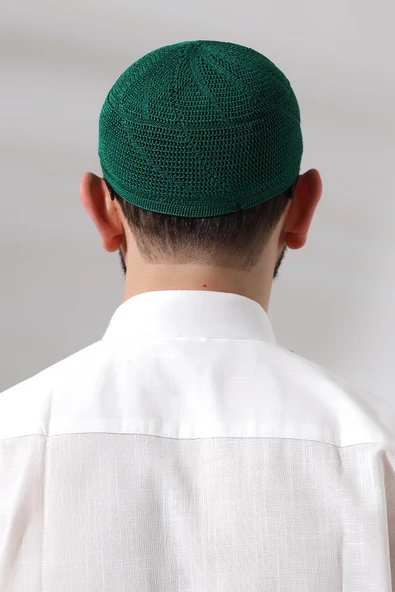 Yeşil Dantel Detaylı Örme Gold Namaz Takkesi - Resim 5