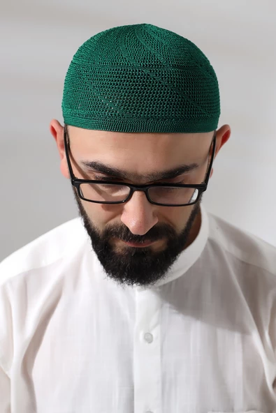 Yeşil Dantel Detaylı Örme Gold Namaz Takkesi - Resim 4