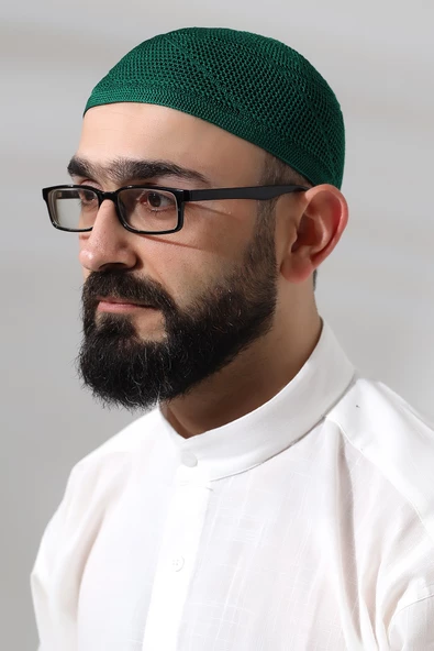 Yeşil Dantel Detaylı Örme Gold Namaz Takkesi ürün görseli 1