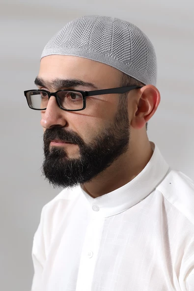 Açık Gri Safir Dantel Detaylı Örme Namaz Takkesi ürün görseli 1
