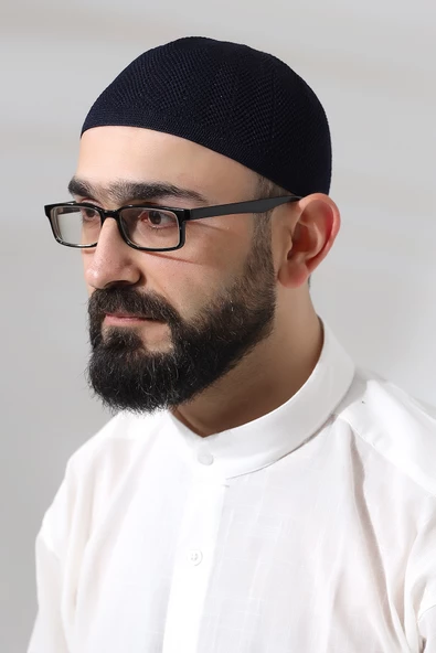 Lacivert Safir Dantel Detaylı Örme Namaz Takkesi ürün görseli 1