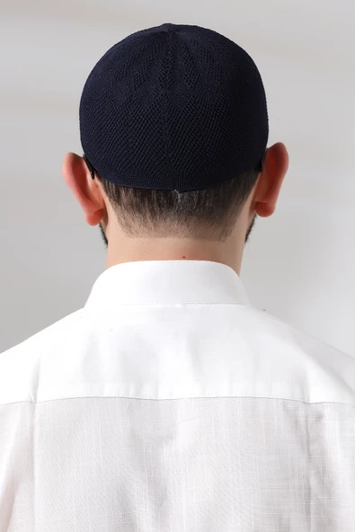 Lacivert Safir Dantel Detaylı Örme Namaz Takkesi - Resim 5