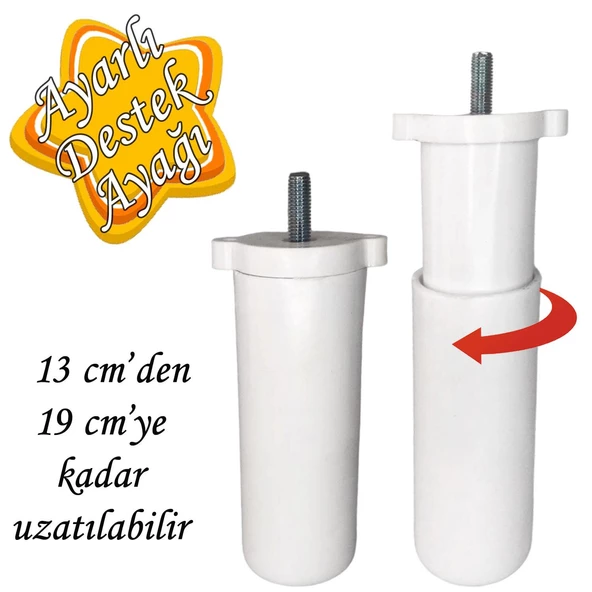Ayarlı Destek Ayağı 13 x 19 cm Beyaz Gizli Ayak M8 Civatalı İncediş Mobilya Kanepe Baza Koltuk Dolap ürün görseli 1