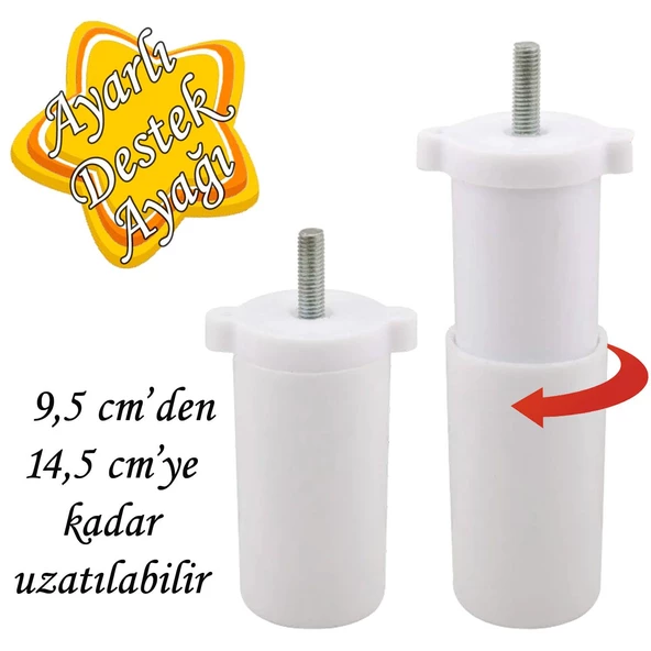 Ayarlı Destek Ayağı 9.5 x 14.5cm Beyaz Gizli Ayak M8 Civatalı İncediş Mobilya Kanepe Baza Koltuk ürün görseli 1