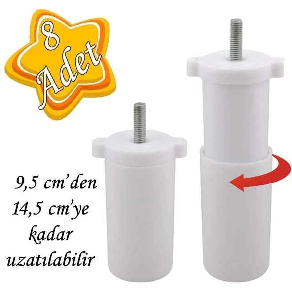 8 Adet Ayarlı Destek Ayağı 9.5 X 14.5 Cm Beyaz Gizli Mobilya Kanepe Baza Koltuk Ayakları Metrik 8 Civatalı İnce Diş ürün görseli 1