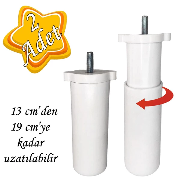 2 Adet Ayarlı Destek Ayağı 13 X 19 Cm Beyaz Gizli Mobilya Kanepe Baza Koltuk Ayakları Metrik 8 Civatalı İnce Diş ürün görseli 1