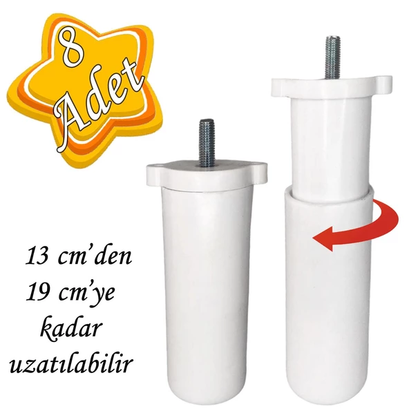 8 Adet Ayarlı Destek Ayağı 13 X 19 Cm Beyaz Gizli Mobilya Kanepe Baza Koltuk Ayakları Metrik 8 Civatalı İnce Diş ürün görseli 1