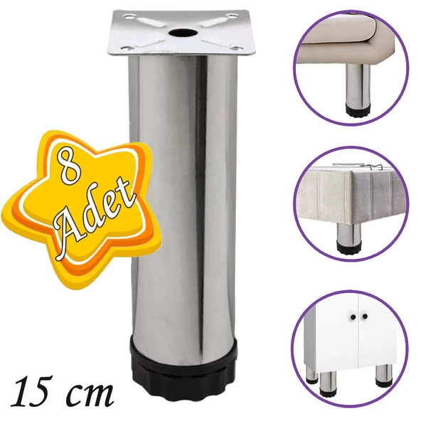 8 Adet Metal Ayarlanabilir 15 cm Krom Destek Ayağı Mobilya Kanepe Baza Koltuk Dolap Sehpa TV Ünitesi Ayağı ürün görseli 1