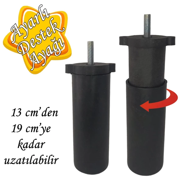 Ayarlı Destek Ayağı 13 x 19cm Siyah Gizli Ayak M8 Civatalı İncediş Mobilya Kanepe Baza Koltuk Dolap ürün görseli 1