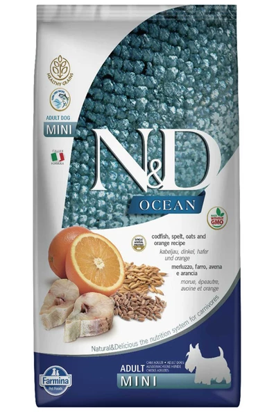 ND ocean mini adult köpek 7kg az tahıllı morina balığı buğday yulaf ve portakallı köpek maması ürün görseli 1