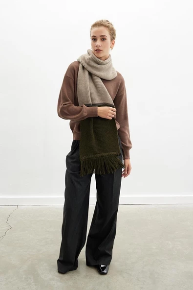 Peraluna SORREL SCARF Çizgi Detaylı Püsküllü Kadın Triko Atkı - Sütlü Kahve ürün görseli 1