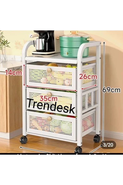TRENDESK 3 Katlı Metal Beyaz patates soğan sepeti sebze meyve sepeti sebzelik tekerlekli ürün görseli 1