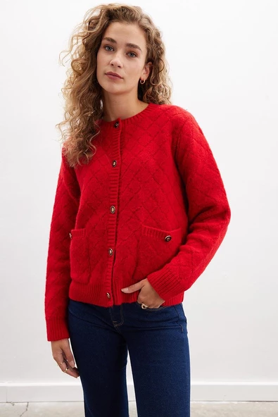 Peraluna ALBA JACKET Baklava Desen Bisiklet Yaka Rahat Kesim Kadın Triko Ceket - Kırmızı ürün görseli 1