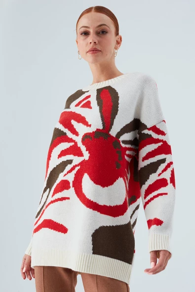 Peraluna POLINA PULLOVER Çiçek Desenli Uzun Kadın Triko Kazak - Ekru Multi ürün görseli 1