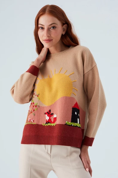 Peraluna SUNNY PULLOVER El İşlemeli Desenli Kadın Triko Kazak - Bej/Kahve ürün görseli 1