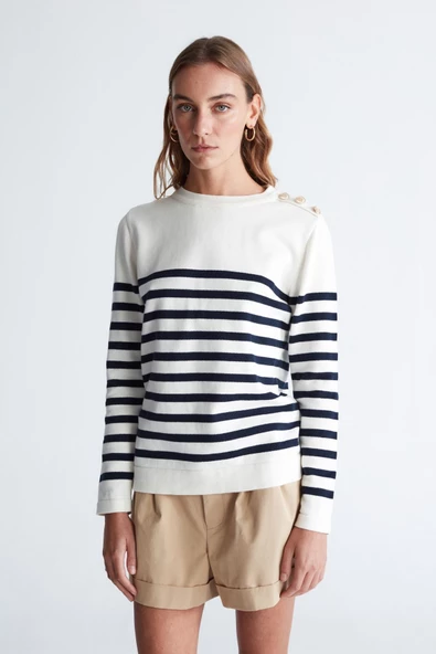 Styleboom X Peraluna BARDOT PULLOVER Omzu Düğmeli Çizgili Organik Pamuk Mevsimlik Kadın Triko Kazak - Ekru/Lacivert ürün görseli 1