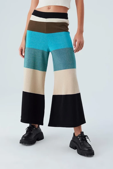 Peraluna SASHA TROUSER Geniş Çizgili Simli Kadın Triko Pantolon - Multi ürün görseli 1