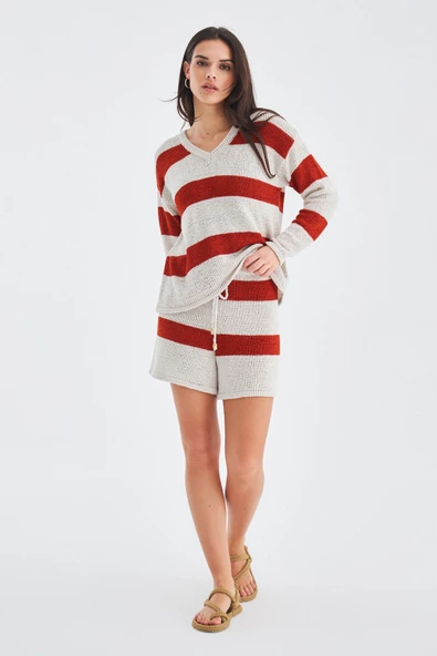 Peraluna SIENA BLOUSE & SHORTS Çizgili Uzun Kollu Kadın Triko Şort Takım - Kremit/Taş ürün görseli 1