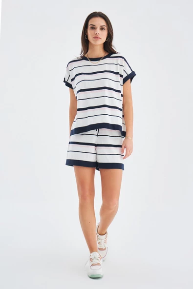 Peraluna MARINE BLOUSE & SHORTS %100 Pamuk Yazlık Kadın Triko Şort Takım - Lacivert/Ekru ürün görseli 1