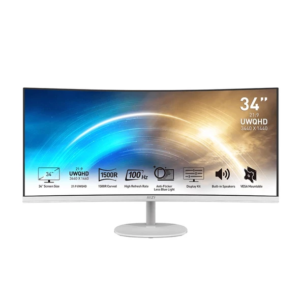 MSI PRO MP341CQW 34" 3440 x 1440 (QHD) VA 4Ms 100Hz 21:9 Professional Beyaz Kavisli Monitör ürün görseli 1