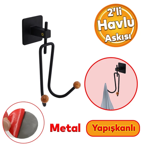 Yapışkanlı Siyah Metal Uzun Çatal 2'li Askılık Sağlam Banyo Lavabo Aparat Bornoz Havlu Asma Askı ürün görseli 1
