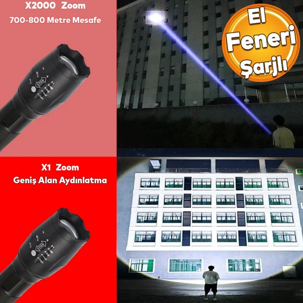 El Feneri Şarjlı P50 Led Işıldak Kamp Lambası Gece 800 metre Uzun Menzil Aydınlatma  Beyaz Işık ürün görseli 1