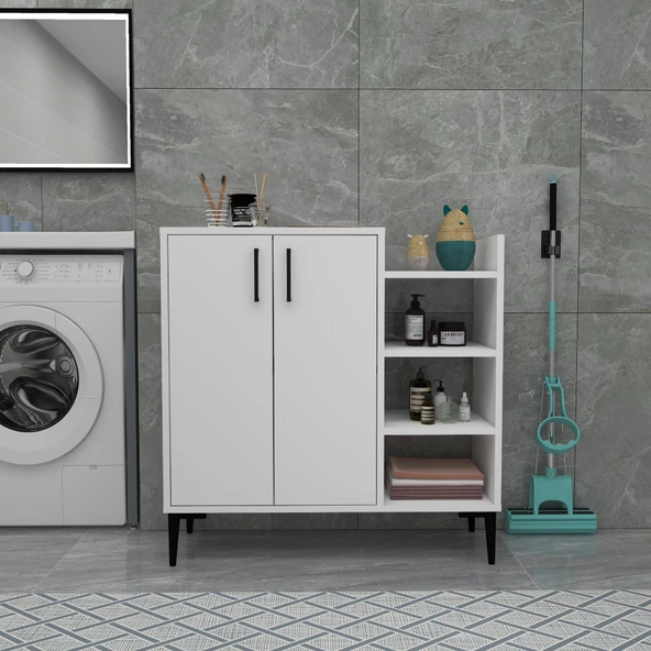 Arnetti Leskar Çok Amaçlı Banyo Dolabı 2 Kapaklı 6 Raflı Çok Amaçlı Dolap, Beyaz ürün görseli 1
