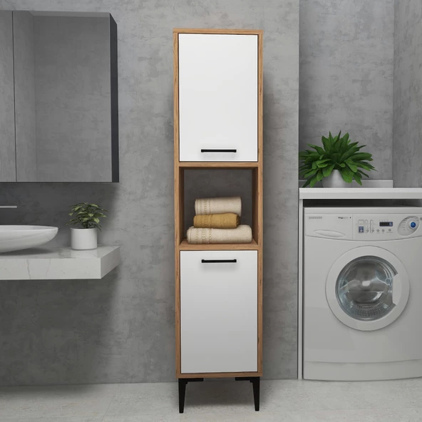 Arnetti Daminol 5 Raflı 2 Kapaklı Çok Amaçlı Banyo Mutfak Dolabı,Atlantik Çam  Beyaz - Dar Alanlar İçin Uygun ürün görseli 1