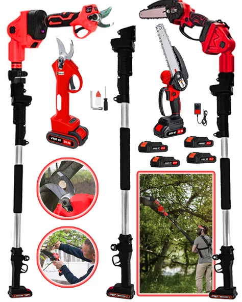 Wacker Pro Germany 2400 Wf Red 4 ADET Akülü Bağ Makası + Dal Budama Zincirli Ağaç Kesme + 2.7 Metre Teleskopik Hediyeli Akülü ürün görseli 1