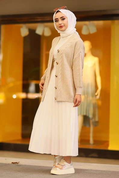 Oversize Kadın Tesettür Triko Hırka Taş - Resim 3