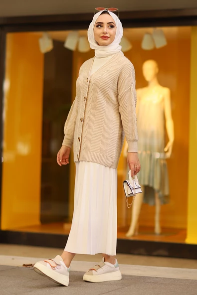 Oversize Kadın Tesettür Triko Hırka Taş - Resim 6