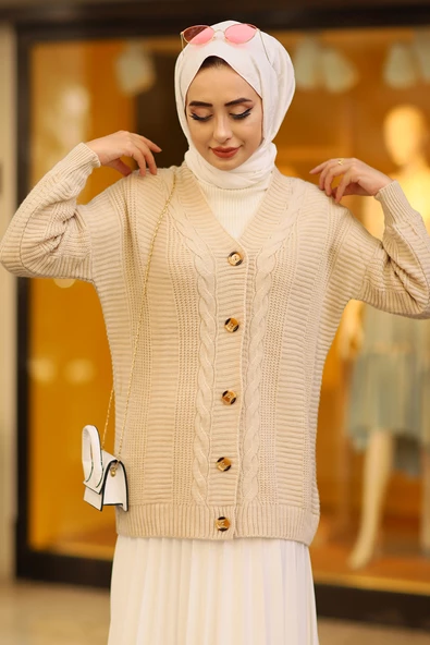 Oversize Kadın Tesettür Triko Hırka Taş - Resim 7