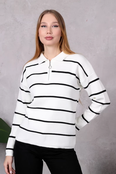 Kadın Polo Yaka Oversize Çizgili Fermuarlı Triko Kazak Ekru ürün görseli 1