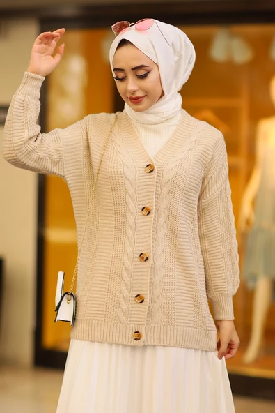 Oversize Kadın Tesettür Triko Hırka Taş - Resim 2