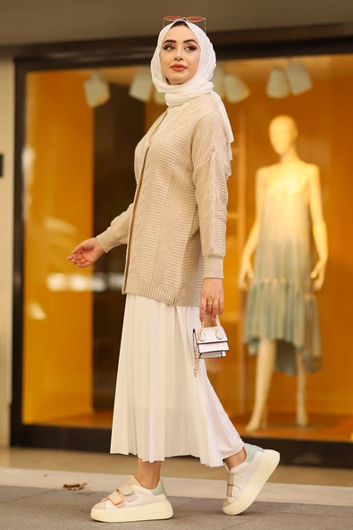Oversize Kadın Tesettür Triko Hırka Taş - Resim 9