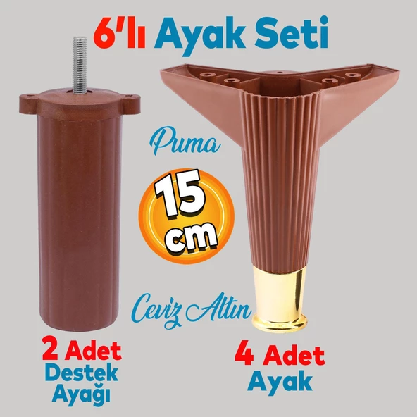 Elista 6'lı Set Mobilya Tv Ünitesi Yükseltici M8 Civatalı Destek Ayağı Ayakları 15 Cm Ceviz Altın ürün görseli 1