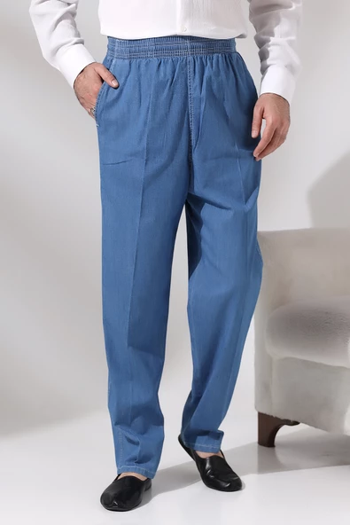 Erkek Mavi Çınar Beli Lastikli Rahat Kesim Kot Şalvar Pantolon ürün görseli 1