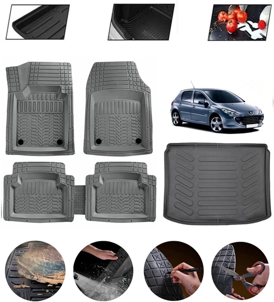 Peugeot 308 2007-2013 Uyumlu Paspas Araca Özel Bagaj Havuzu MBS Gri ürün görseli 1