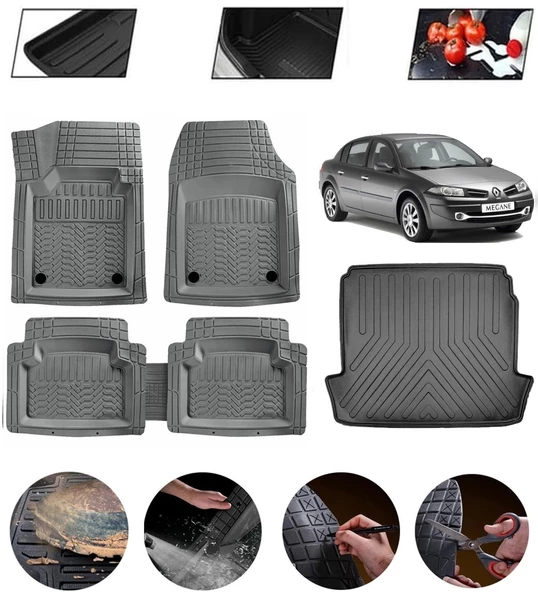 Renault Megane 2 Sedan 2002-2009 Uyumlu Paspas Araca Özel Bagaj Havuzu MBS Gri ürün görseli 1