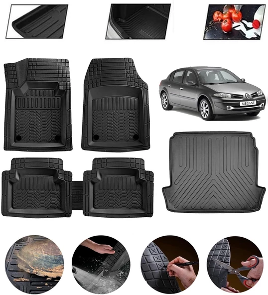 Renault Megane 2 Sedan 2002-2009 Uyumlu Paspas Araca Özel Bagaj Havuzu MBS Siyah ürün görseli 1