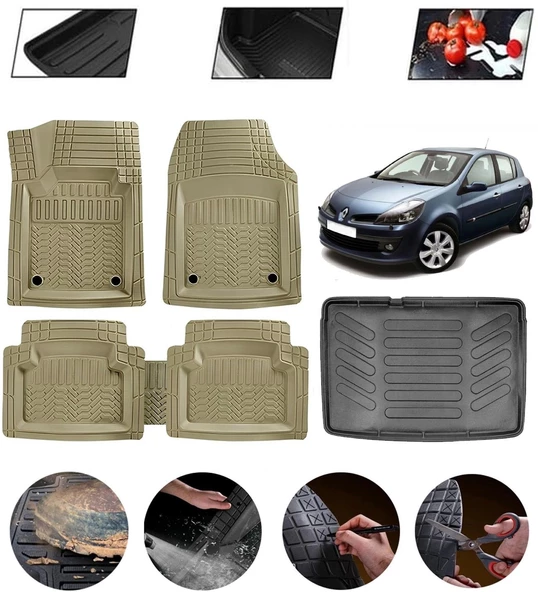 Renault Clio 3 2005-2012 Kancasız Uyumlu Paspas Araca Özel Bagaj Havuzu MBS Bej ürün görseli 1