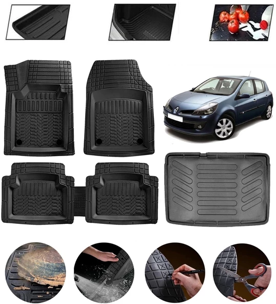 Renault Clio 3 2005-2012 Kancasız Uyumlu Paspas Araca Özel Bagaj Havuzu MBS Siyah ürün görseli 1