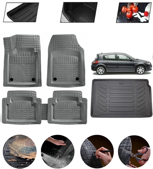 Renault Megane 2 Hatchback 2002-2009 Uyumlu Paspas Araca Özel Bagaj Havuzu MBS Gri ürün görseli 1