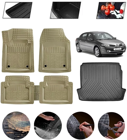 Renault Megane 2 Sedan 2002-2009 Uyumlu Paspas Araca Özel Bagaj Havuzu MBS Bej ürün görseli 1