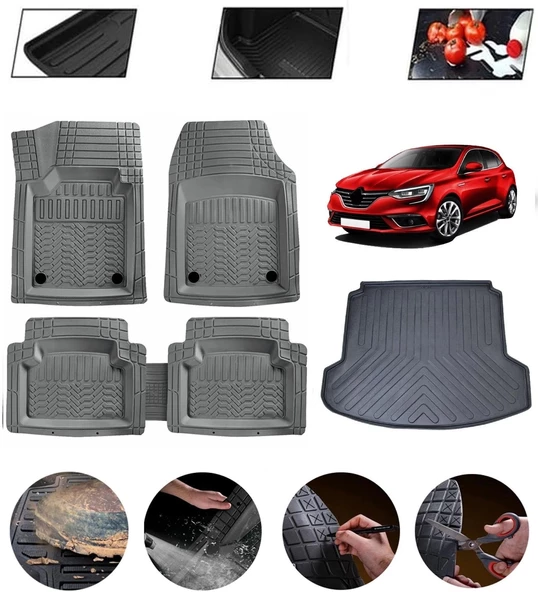 Renault Megane 4 Sedan Çift Cepli 2016-2025 Uyumlu Paspas Araca Özel Bagaj Havuzu MBS Gri ürün görseli 1