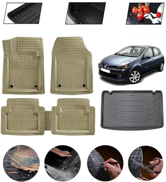 Renault Clio 3 2005-2012 Kancalı Uyumlu Paspas Araca Özel Bagaj Havuzu MBS Bej ürün görseli 1