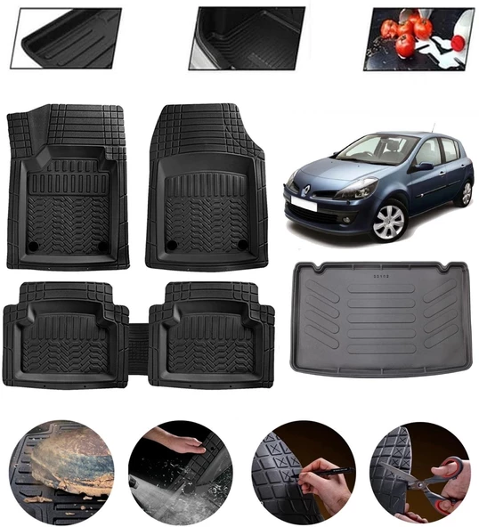 Renault Clio 3 2005-2012 Kancalı Uyumlu Paspas Araca Özel Bagaj Havuzu MBS Siyah ürün görseli 1