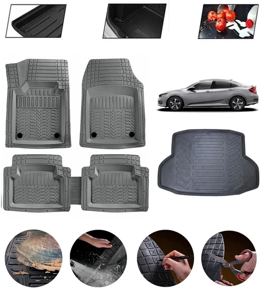 Honda Civic Sedan 2016-2021 Uyumlu Paspas Araca Özel Bagaj Havuzu MBS Gri ürün görseli 1