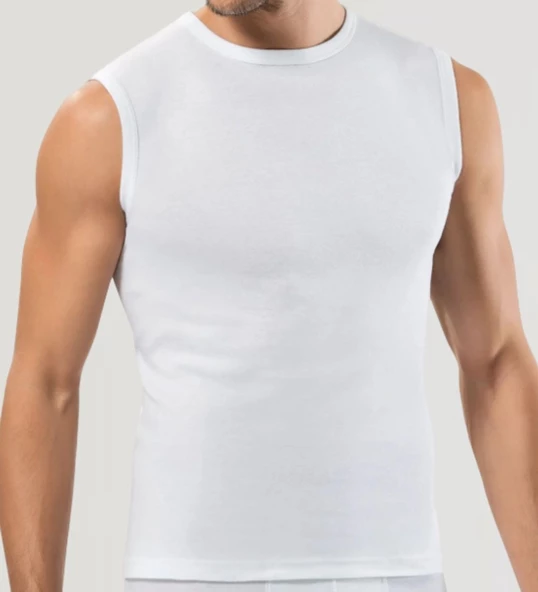 Erkek Sıfır Kol Bisiklet Yaka Slimfit Likralı Düz Tişört Beyaz ürün görseli 1
