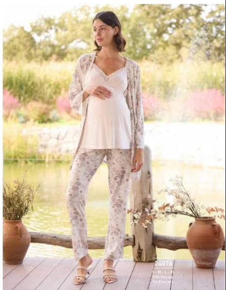 Monamise 24076 Çiçek Desenli  Hamile Lohusa 3 Lü Pijama Sabahlık Tk ürün görseli 1
